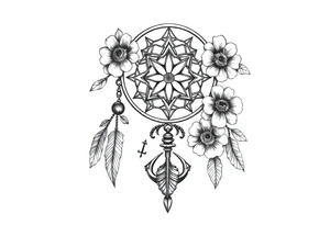 Boho dream catcher with compass and anchor Beautiful flowers and an ornamental chandelier like look tattoo idea