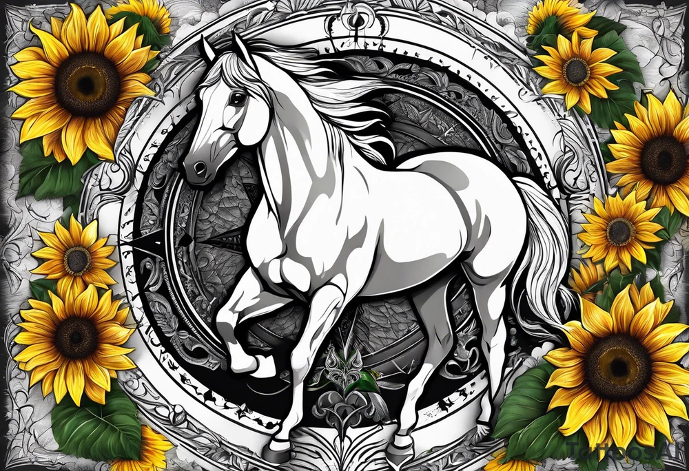 Horse, compass, sunflower tattoo idea