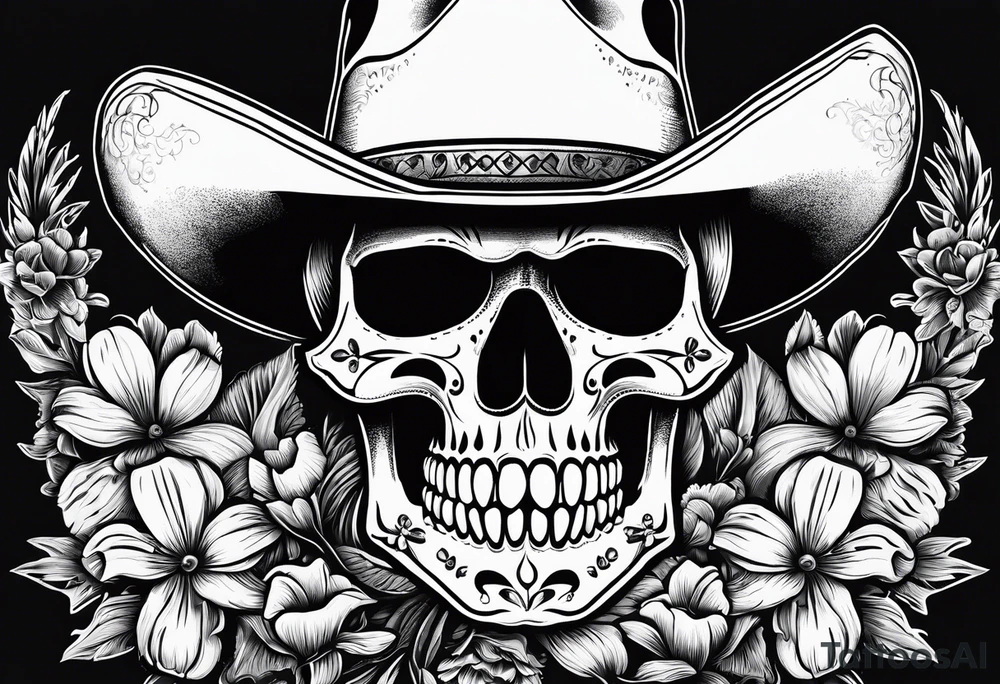Mexican skull wearing cowboy hat with art paintbrushes and bluebonnets flowers tattoo idea