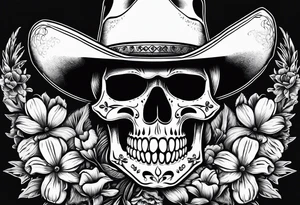 Mexican skull wearing cowboy hat with art paintbrushes and bluebonnets flowers tattoo idea