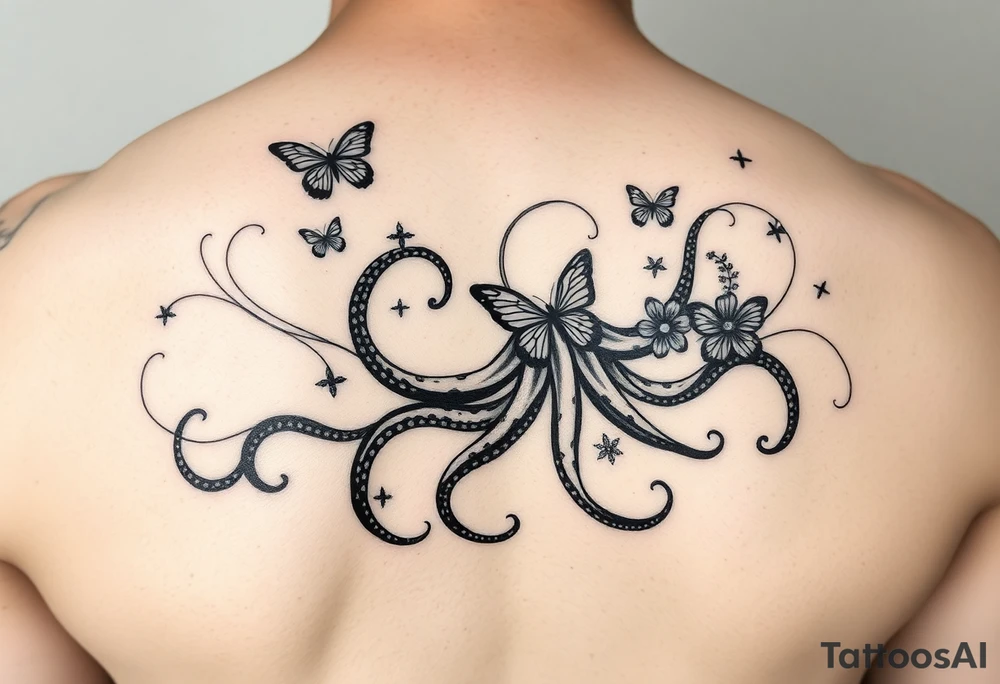 abstract tattoo design, flowing black fine lines, elegant minimalistic linework, psychedelic swirls like gasoline or oil floating on water, iridescent texture implied but in pure black ink, delicate organic curves, vapor-like trails, non-literal and surreal, suggestion of an octopus hidden in fluid tentacle-like lines, not a real octopus, just subtle illusion, abstract marine motion, with minimalist butterflies and flowers seamlessly integrated into the flowing pattern, modern feminine tattoo style, graceful and airy, inspired by Pis Saro and Balazs Bercsenyi, hint of nature and ocean depth, hypnotic and dreamlike, ink diffusion aesthetics, no solid fills, ethereal line-only design tattoo idea