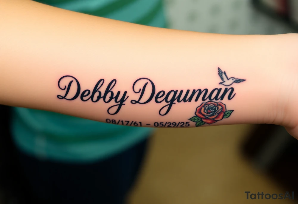 Tattoo of the exact name Debby Deguzman in chunky bold curly cursive with the exact dates of 08/17/61-05/29/25 surrounded by 1 hummingbird and 1 rose tattoo idea