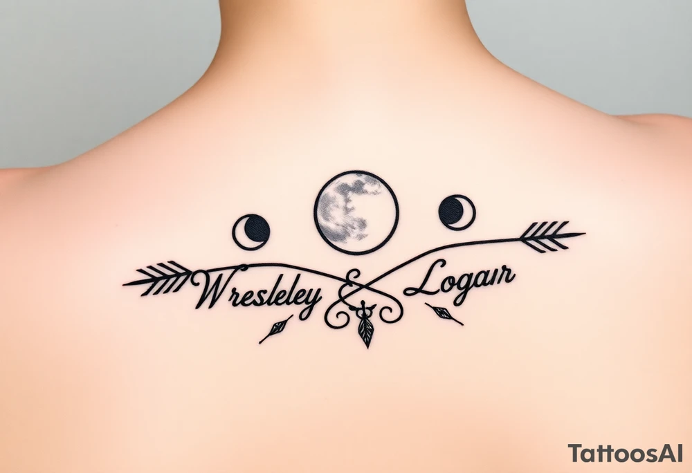 Name tattoo with Wesley, Brantley, Logan with entwined arrows and moons tattoo idea