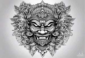 Barong mask hear see and remain silent tattoo idea