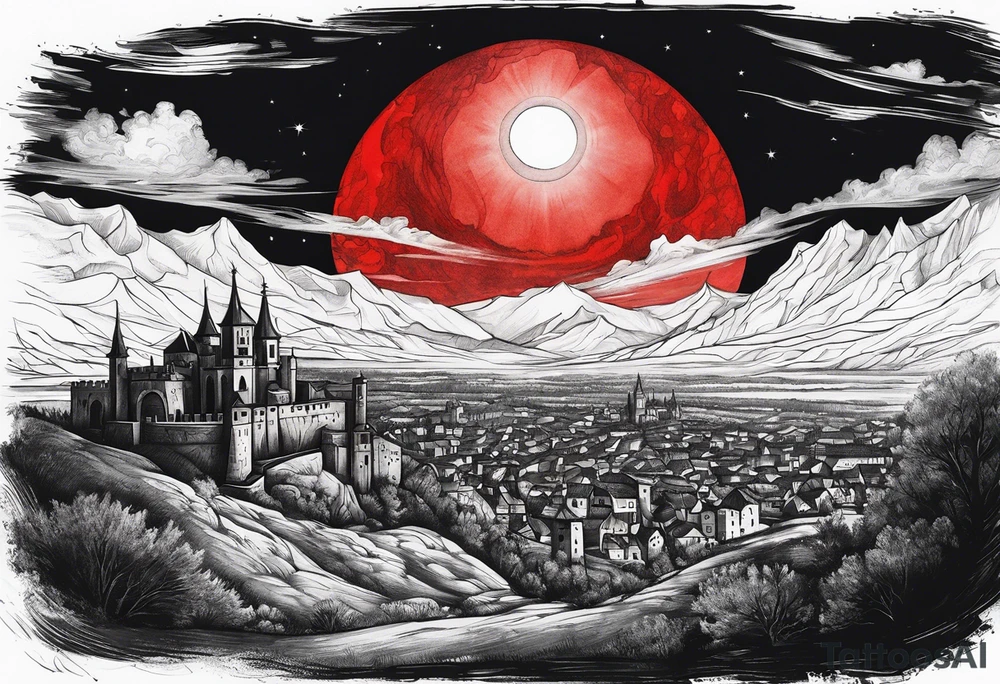black solar eclipse with red light shining behind it, dark fantasy landscape/medieval city tattoo idea