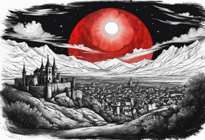 black solar eclipse with red light shining behind it, dark fantasy landscape/medieval city tattoo idea