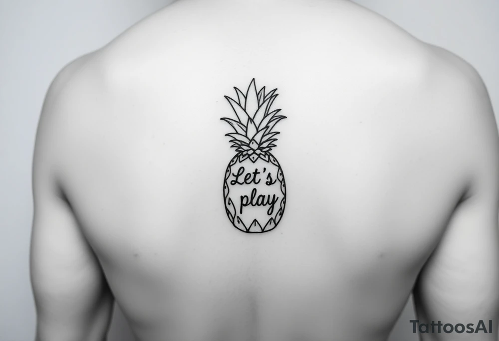 A black ink wrist tattoo featuring a realistic yet minimalistic pineapple. The pineapple is finely detailed with clean, precise lines, capturing the natural texture of the fruit while keeping the design subtle and uncluttered. Inside the body of the pineapple, the phrase "Let's play" is clearly placed in a bold but not overly thick font, ensuring readability while maintaining balance with the overall design. The leaves of the pineapple have a fine-line style with slight variations in thickness for a natural feel. The tattoo blends fine details with subtle bold elements, creating a clean and modern aesthetic. tattoo idea