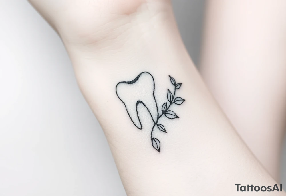 “A tiny outline of a molar tooth intertwined with a slender vine of eucalyptus leaves curling around one side, clean monochrome line-art.” tattoo idea