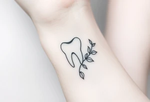 “A tiny outline of a molar tooth intertwined with a slender vine of eucalyptus leaves curling around one side, clean monochrome line-art.” tattoo idea
