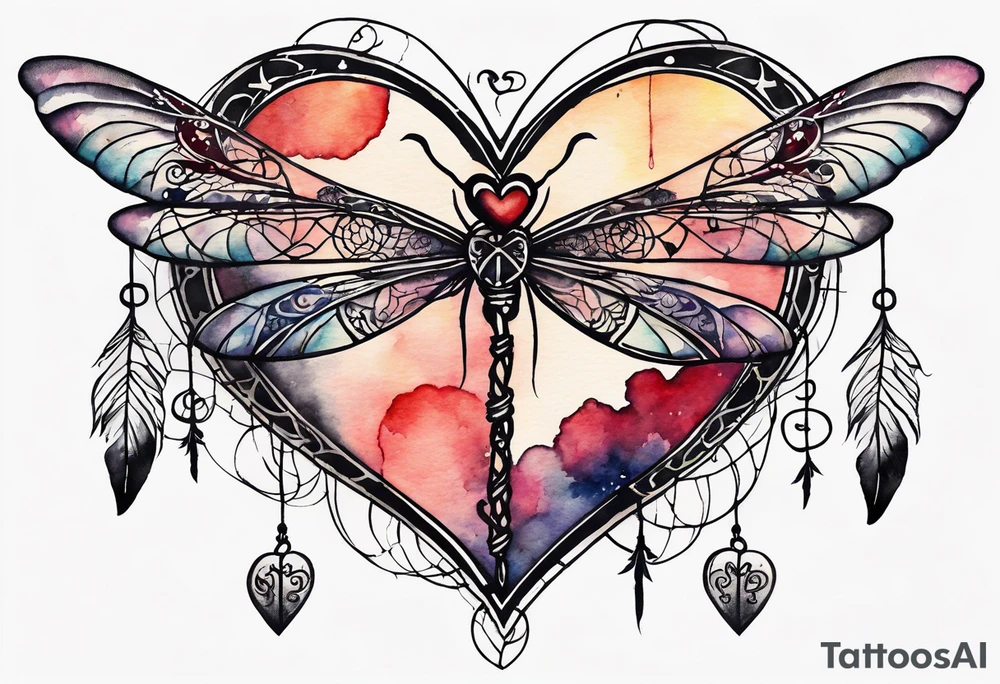 Watercolor tattoo of heart with cross going through the heart. Dragonfly flying on side with dreamcatcher tattoo idea
