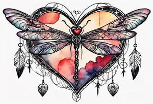 Watercolor tattoo of heart with cross going through the heart. Dragonfly flying on side with dreamcatcher tattoo idea