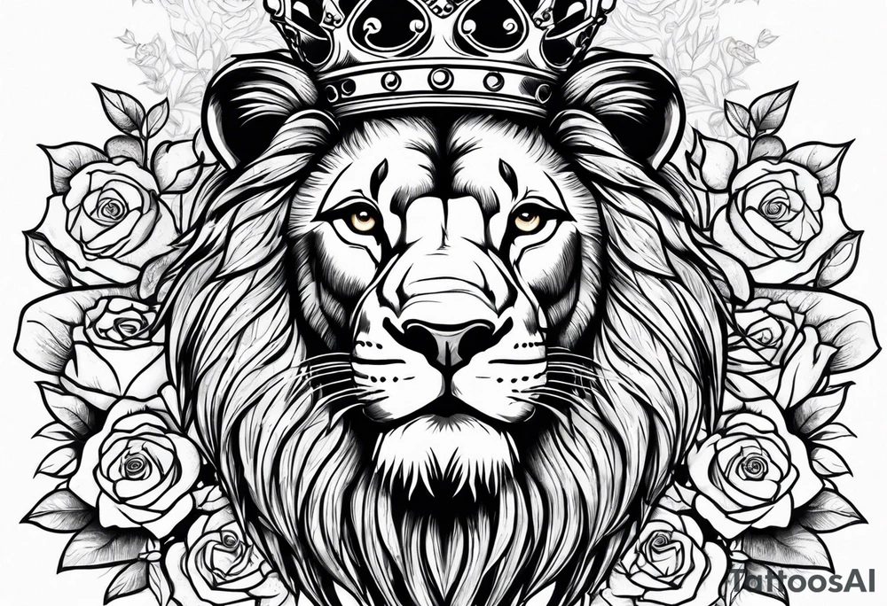 Lion with crown roaring with roses tattoo idea