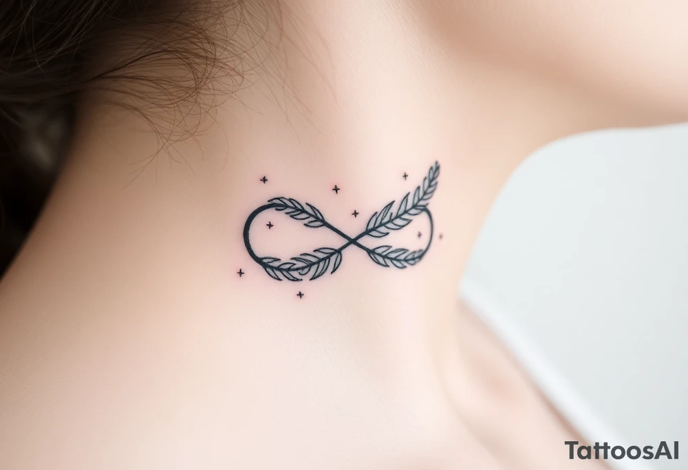 infinity symbol woven with floating feathers and stardust tattoo idea