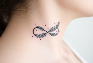 infinity symbol woven with floating feathers and stardust tattoo idea