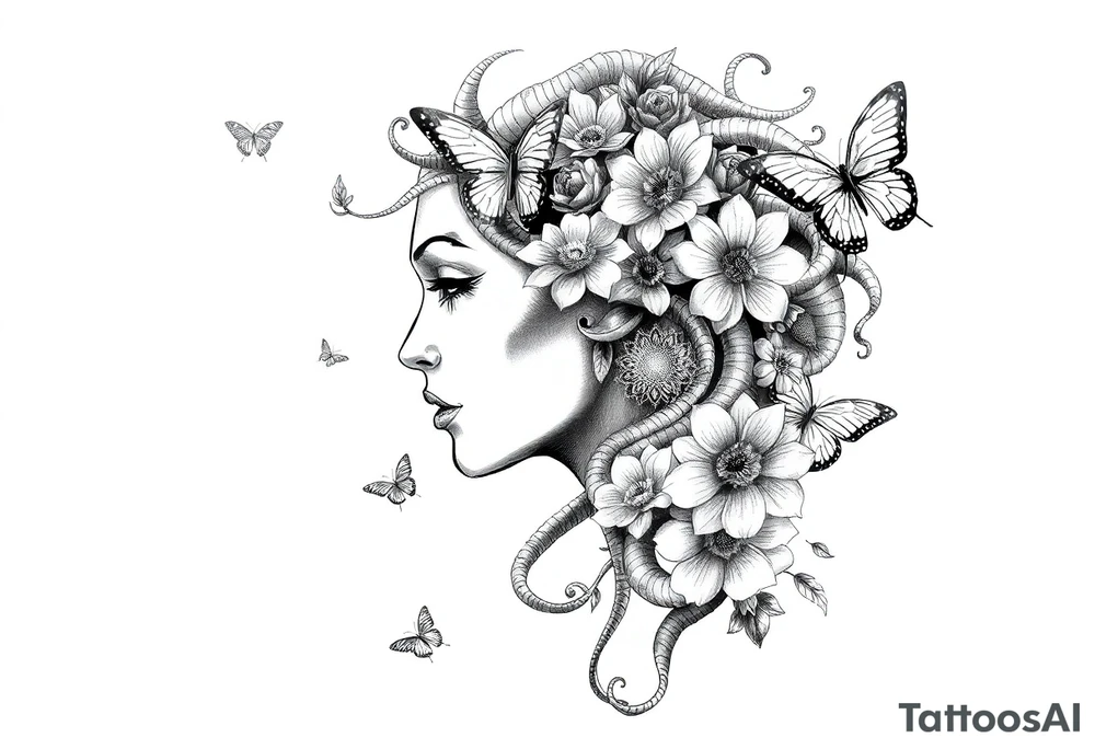 Side portrait of Medusa with flowers, butterflies 
and mandala tattoo idea