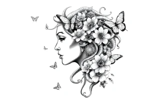 Side portrait of Medusa with flowers, butterflies 
and mandala tattoo idea