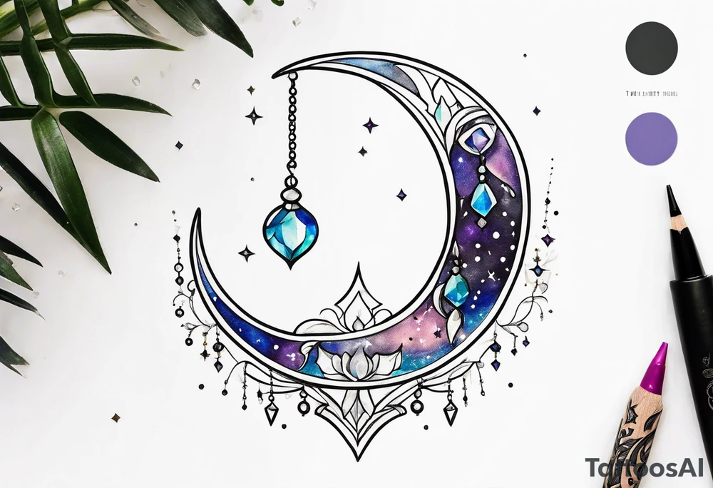 Crescent moon with crystals tattoo idea