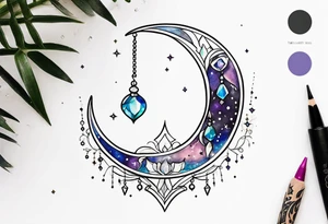 Crescent moon with crystals tattoo idea