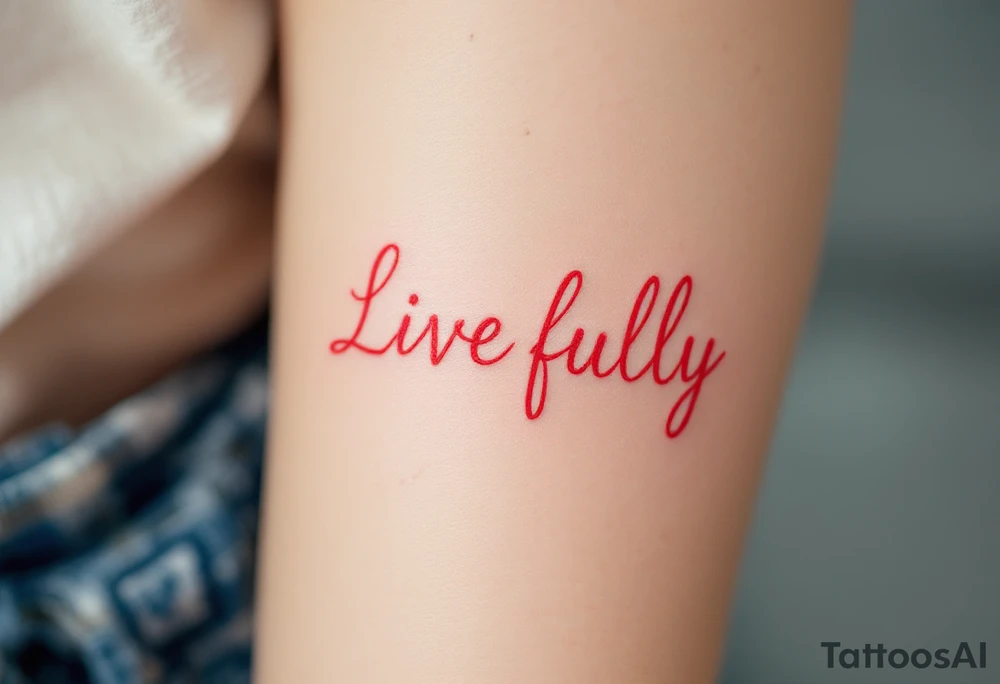 “Live fully” in bright coral ink, with yellow sun rays stretching outward. tattoo idea