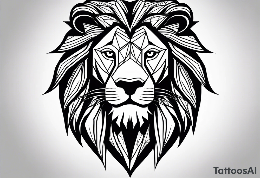 A geometric design with a lion head and a mountain. The tattoo is a full sleeve tattoo idea