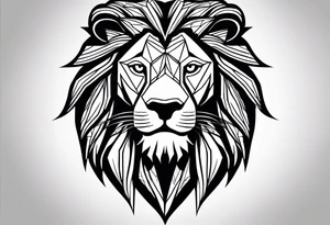 A geometric design with a lion head and a mountain. The tattoo is a full sleeve tattoo idea