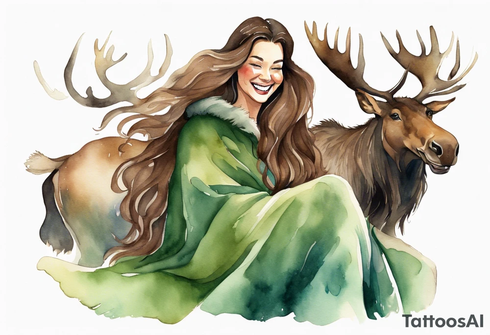 a watercolor of a curvy woman with long brown hair and brown skin and green eyes wearing a fur cloak laughing riding a moose tattoo idea