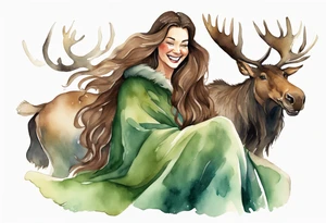 a watercolor of a curvy woman with long brown hair and brown skin and green eyes wearing a fur cloak laughing riding a moose tattoo idea