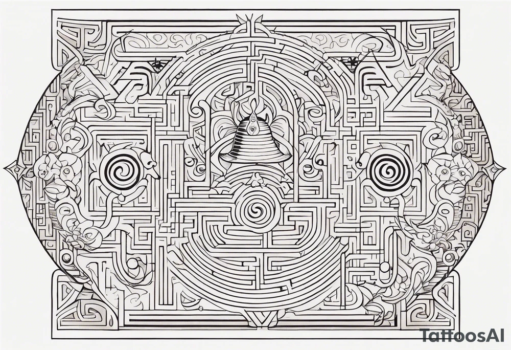 Labyrinth with symbols of bells and masquerade tattoo idea