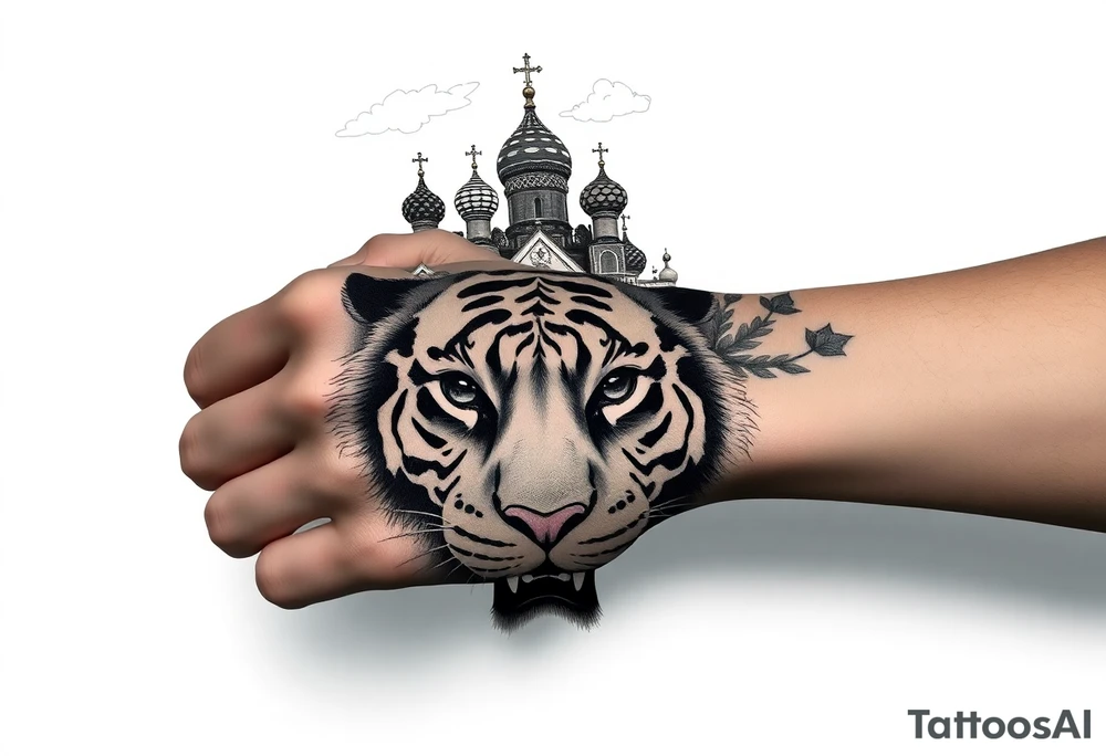Realistic tiger face on the back of the hand with strong contrast and fine detail with hollow black eyes. with a highly detailed Russian Orthodox cathedral sitting above on fore arm with onion domes and orthodox crosses, done in fine line, engraving-like style. Cohesive composition, black ink only, no color, high contrast, slightly aged, documentary-style, plain light background. with clouds above and a virgin mary tattoo idea