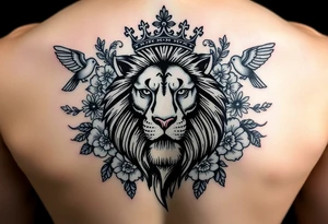 powerful majestic lion with a crown, surrounded by floral ornaments and birds tattoo idea