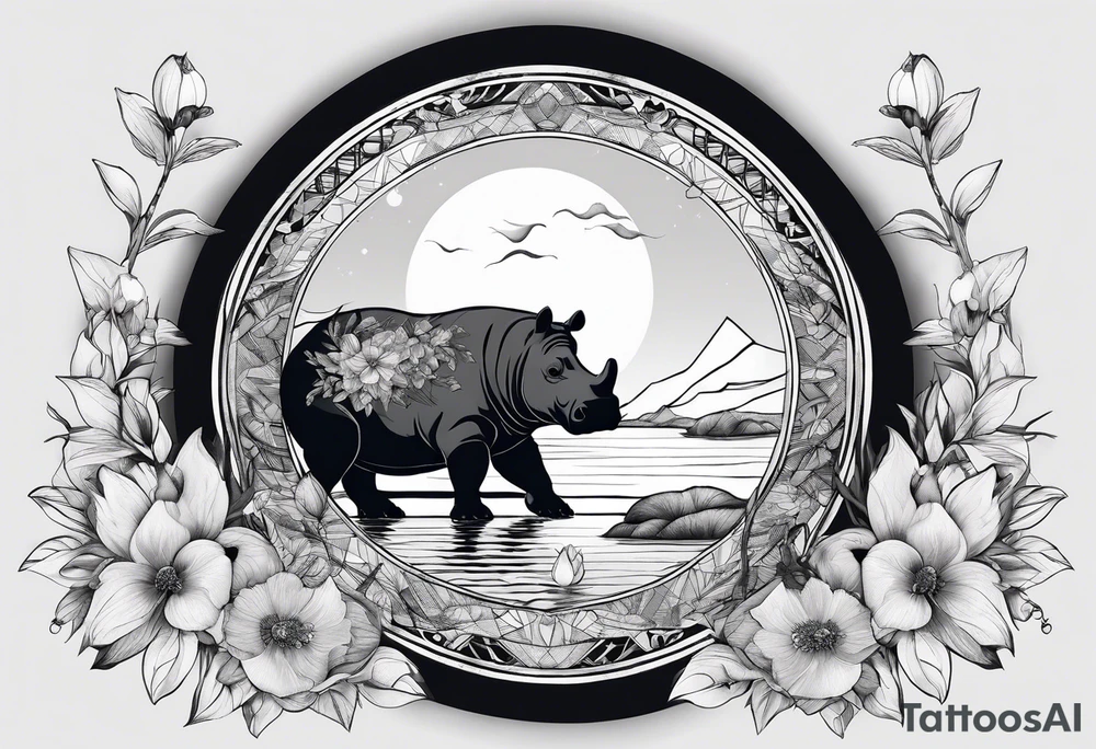 Very asymmetrical, +geometric pattern, with realistic full moon, with seeious looking hippo,,
with wintersweet flower bud, +portrait orientation, +inkart touch, tattoo idea