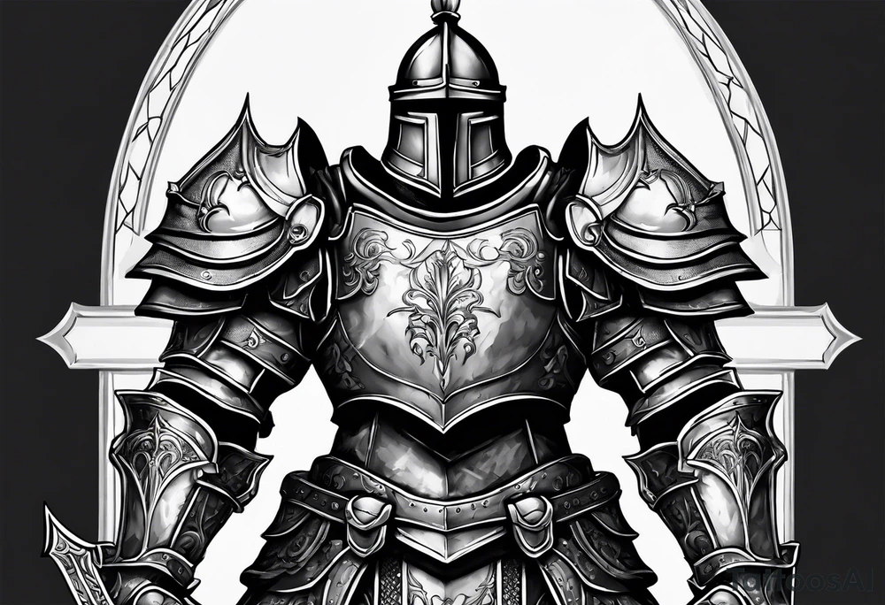 knight heavy armor in front of cathedral tattoo idea
