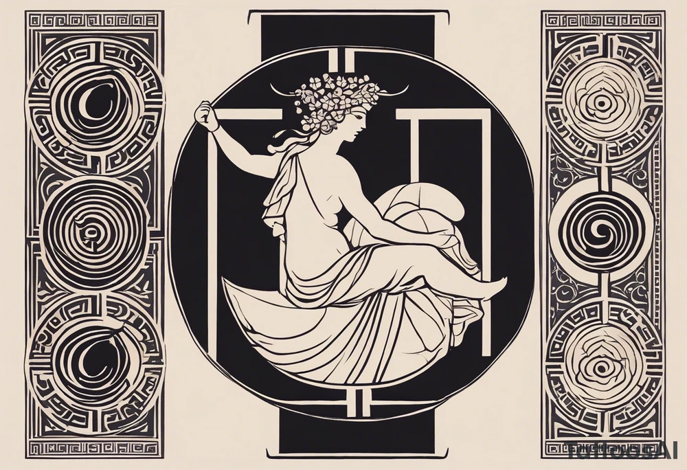 "Craft a minimalist tattoo design in the style of ancient Greek art, featuring Dionysus with his affection for theater. Depict Dionysus in a simplified yet elegant form, reminiscent of classical Greek sculpture, holding a theatrical mask and a goblet of wine. Surround him with subtle geometric patterns or motifs inspired by ancient Greek pottery, such as meanders or key patterns. Ensure the design maintains a minimalist aesthetic while incorporating elements that evoke the sophistication and timelessness of Greek art, capturing Dionysus's connection to both wine and theater in a visually striking manner." tattoo idea