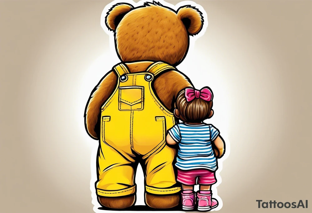 image of the back of a light brown teddy bear standing in yellow overalls, striped tank top and wearing boots and holding the hand of a little girl tattoo idea