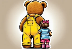 image of the back of a light brown teddy bear standing in yellow overalls, striped tank top and wearing boots and holding the hand of a little girl tattoo idea