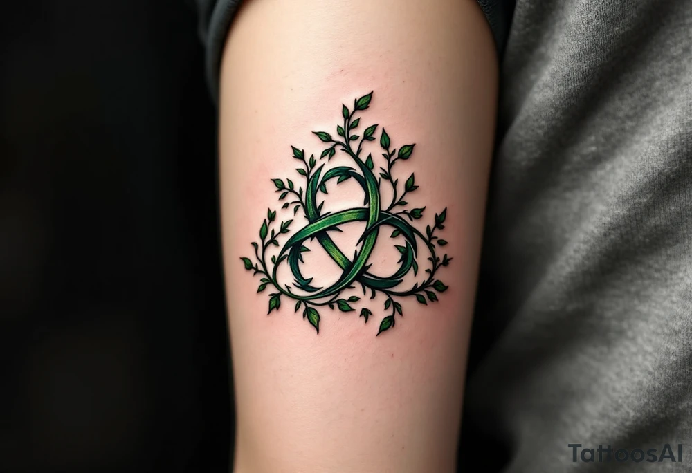 A triquetra formed from twisting ivy vines, shaded in deep forest green, representing growth and eternity. tattoo idea