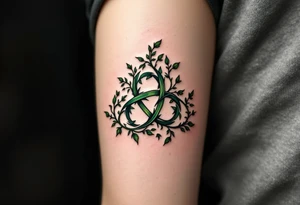 A triquetra formed from twisting ivy vines, shaded in deep forest green, representing growth and eternity. tattoo idea