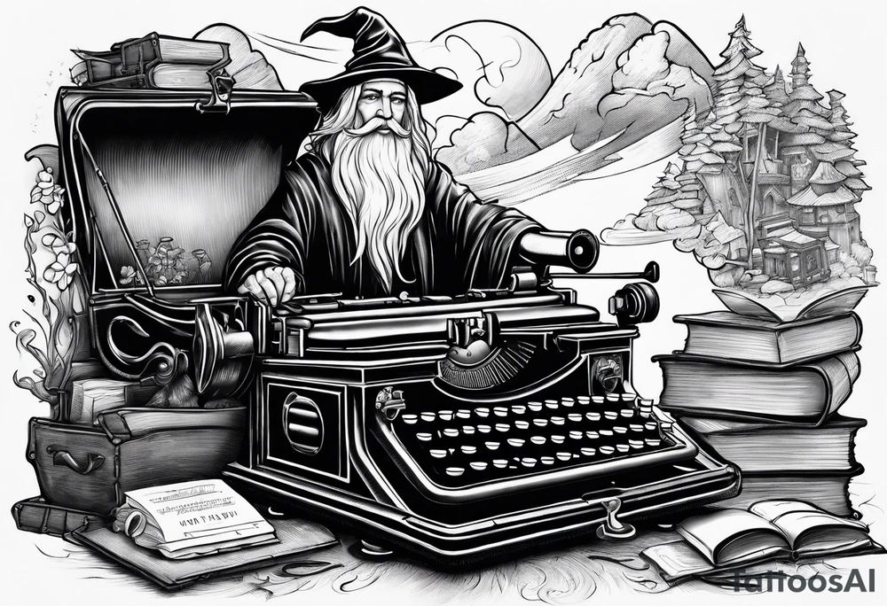 wizard coming out of a typewriter tattoo idea