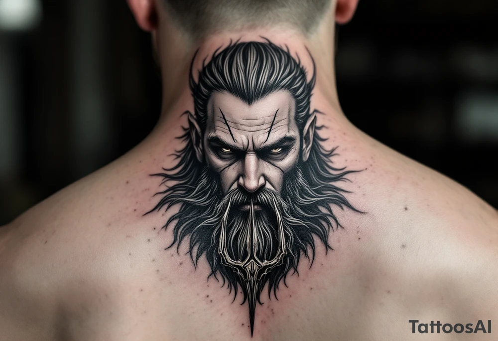 close-up gentle poseidon behind a trident tattoo idea