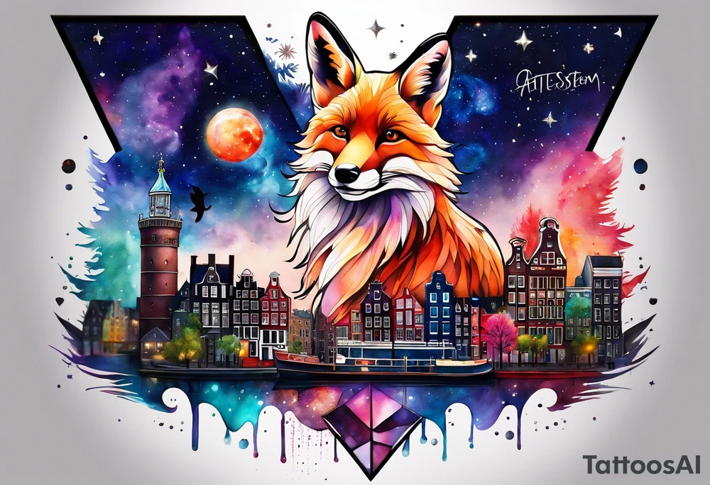 Arm tattoo, Animals, birds, stag, fox, watercolour of animals made from glass in Amsterdam featuring Amsterdam buildings and Amsterdam canal in galaxy colours featuring pineapples as space colours, galaxy colours, night sky, pineapples tattoo idea