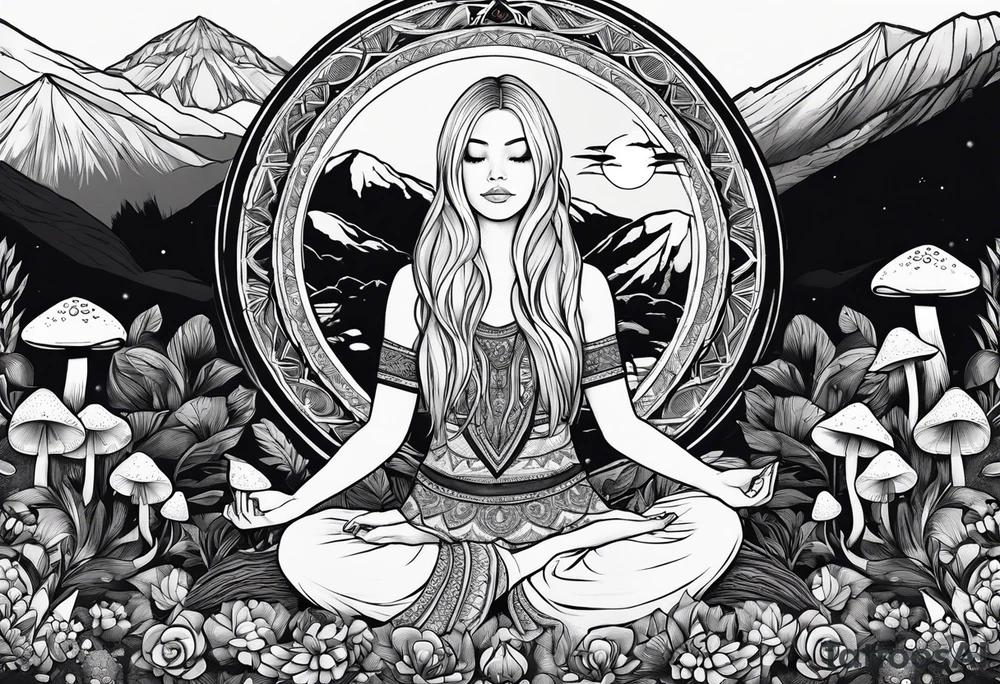 Straight blonde hair girl meditating facing away toward mountains surrounded by mushrooms crescent moon mandala circular design black and white striped dress tattoo idea