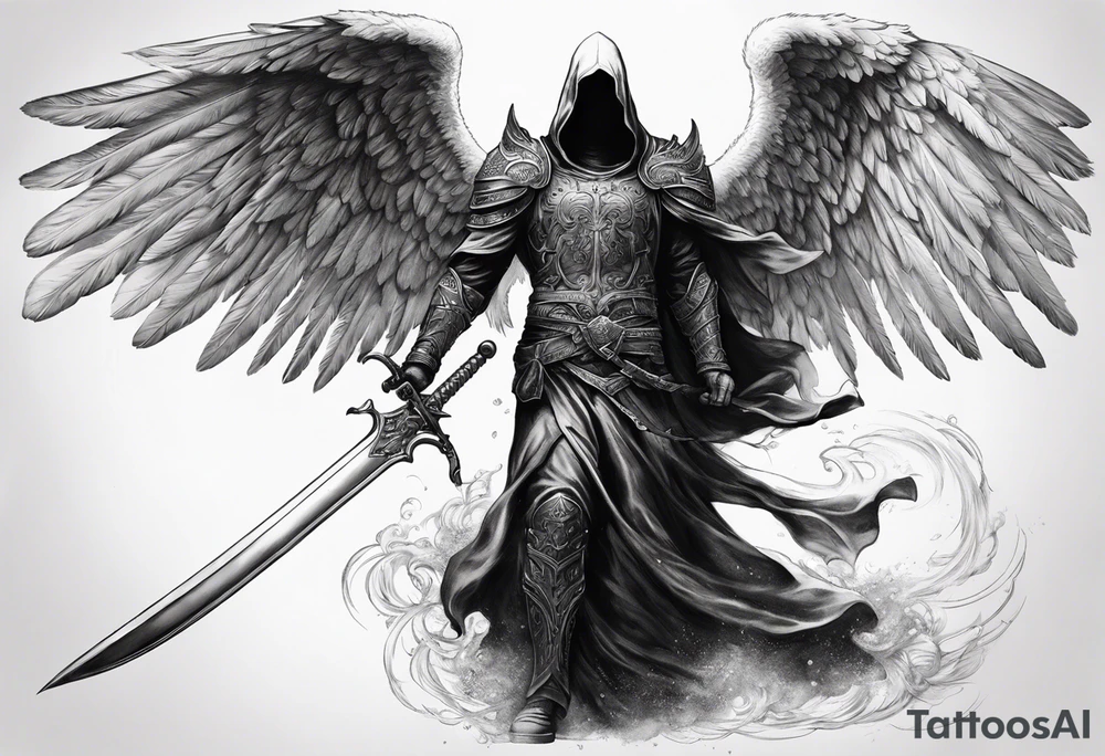 realistic angel of death, man, full body, no face visible, holding one sword, sword pointing downwards tattoo idea