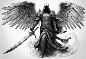 realistic angel of death, man, full body, no face visible, holding one sword, sword pointing downwards tattoo idea