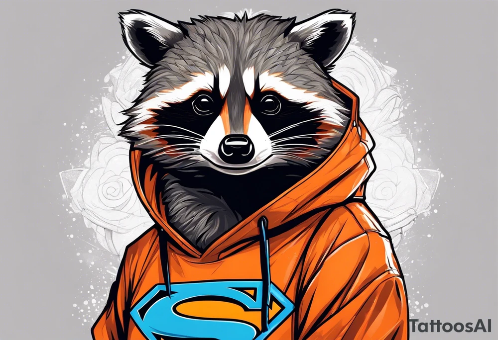 Raccoon wearing an orange Superman hoodie tattoo idea