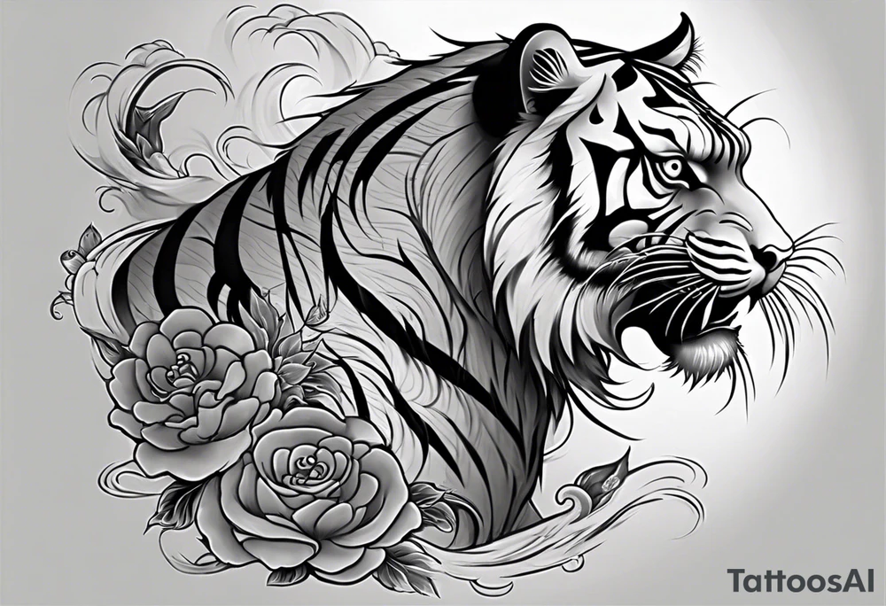 Asian Japanese Chinese style tiger with a full body not just head twisting body for a forearm half sleeve, clouds tattoo idea