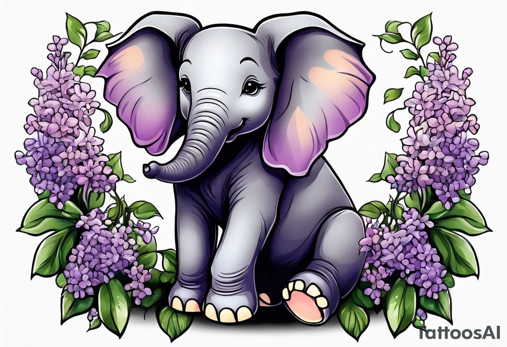 Baby elephant sitting with lilacs in its trunk tattoo idea
