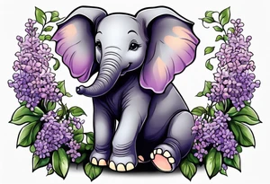 Baby elephant sitting with lilacs in its trunk tattoo idea