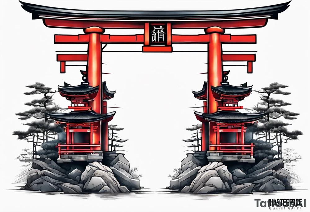 torii gate in biomechanical style tattoo idea