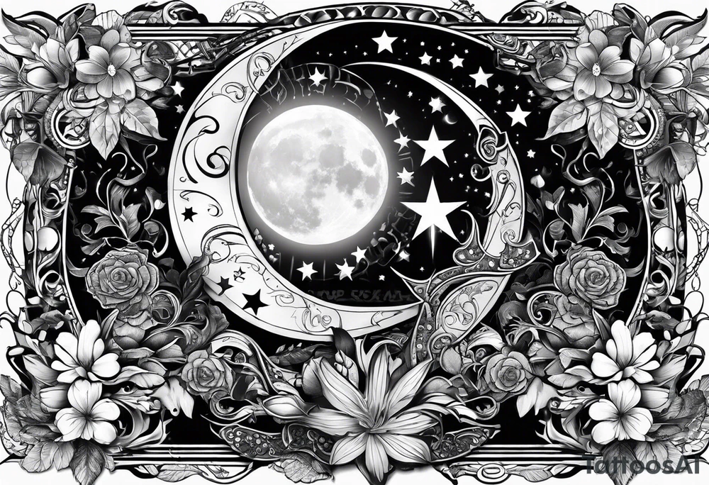 Collage for full sleeve with:
2 stars, 
1 quarter moon, 
a bass guitar, 
a caduceus symbol tattoo idea