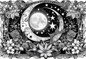 Collage for full sleeve with:
2 stars, 
1 quarter moon, 
a bass guitar, 
a caduceus symbol tattoo idea